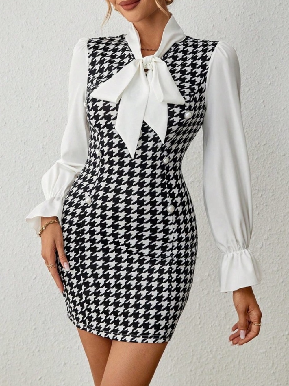 Houndstooth Tie Neck Bodycon Mini Dress Black White Long Sleeve - Picture 2 of 3